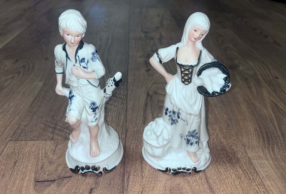 Vintage Porcelain Victorian Style Man & Woman Figurines w Blue and Gold Accents